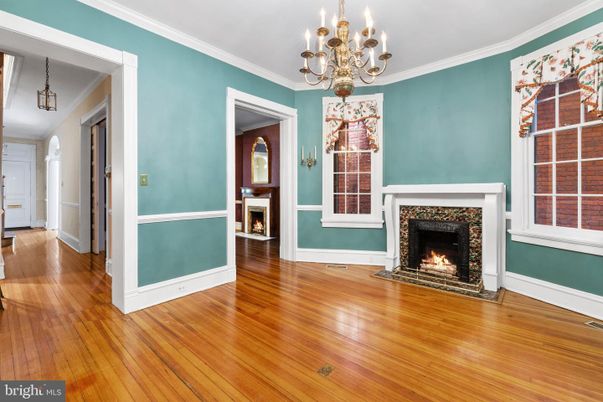 Chandelier, Empty room, Fireplace, Interior, Wood Texture Flooring