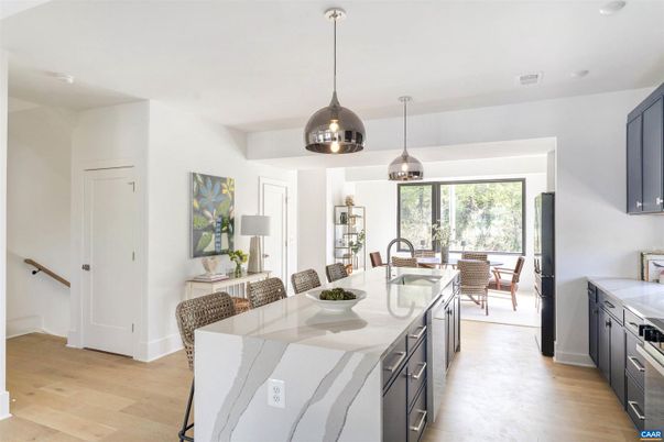 Dining room, Interior, Kitchen, Pendant Lights, Recessed Lighting, Wood Texture Flooring