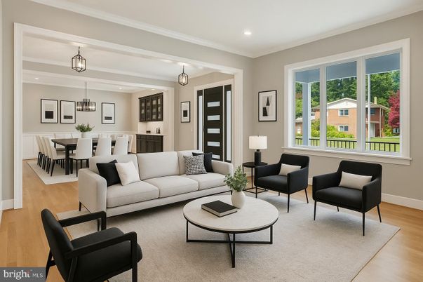 Dining room, Interior, Living room, Pendant Lights, Recessed Lighting, Wood Texture Flooring