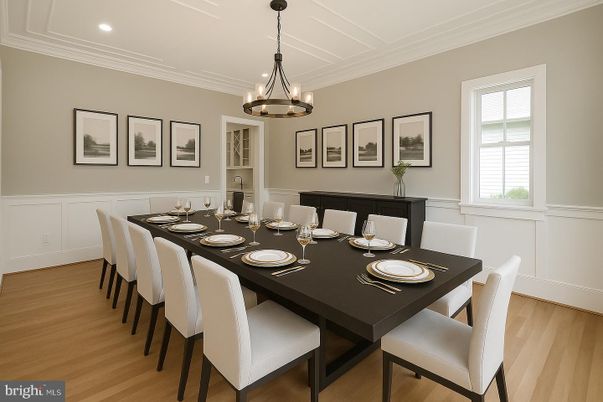 Dining room, Interior, Pendant Lights, Recessed Lighting, Wood Texture Flooring
