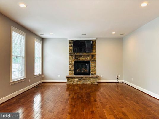 Empty room, Fireplace, Interior, Recessed Lighting, Wood Texture Flooring