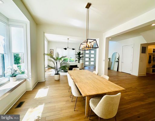 Dining room, Interior, Pendant Lights, Recessed Lighting, Wood Texture Flooring