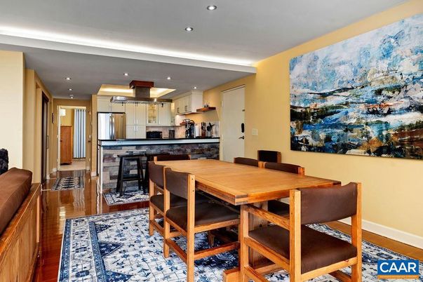 Dining room, Interior, Kitchen, Recessed Lighting, Stainless Steel Appliances, Wood Texture Flooring