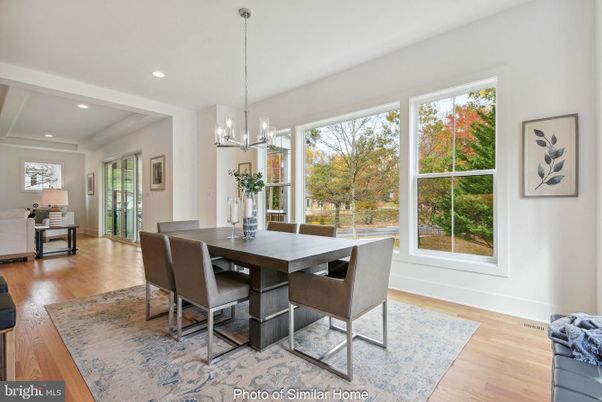 Dining room, Interior, Pendant Lights, Recessed Lighting, Wood Texture Flooring