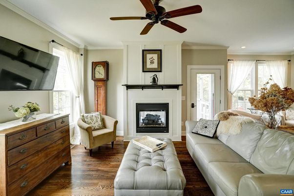 Fireplace, Interior, Living room, Recessed Lighting, Wood Texture Flooring