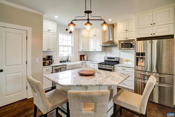 Interior, Kitchen, Pendant Lights, Recessed Lighting, Stainless Steel Appliances, Wood Texture Flooring