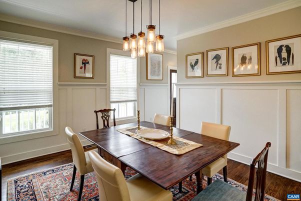 Dining room, Interior, Pendant Lights, Wood Texture Flooring