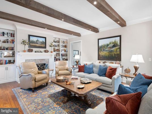 Fireplace, Interior, Living room, Recessed Lighting, Wooden Beams, Wood Texture Flooring