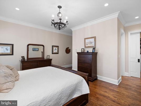 Bedroom, Chandelier, Interior, Recessed Lighting, Wood Texture Flooring
