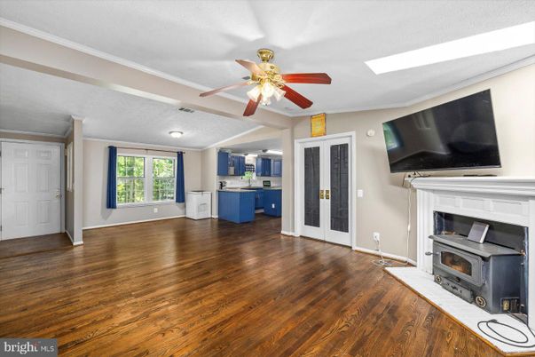 Empty room, Fireplace, Interior, Kitchen, Wood Texture Flooring