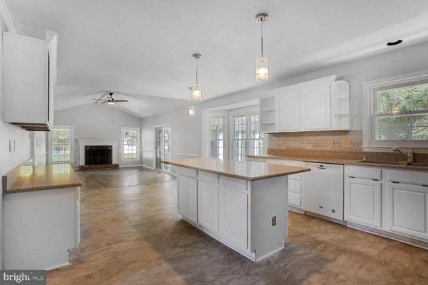 Fireplace, Interior, Kitchen, Pendant Lights, Wood Texture Flooring
