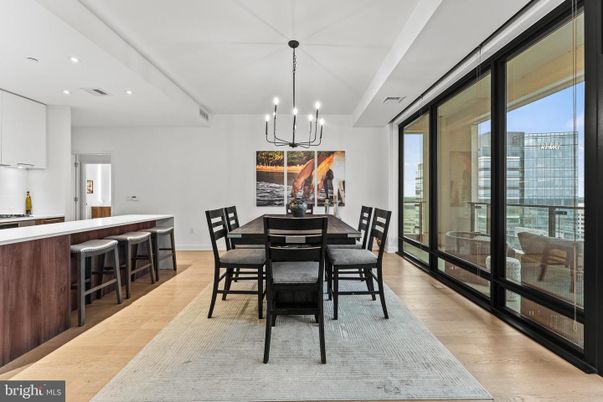 Chandelier, Dining room, Interior, Pendant Lights, Recessed Lighting, Wood Texture Flooring