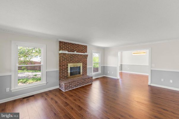 Empty room, Fireplace, Interior, Stone Walls, Wood Texture Flooring