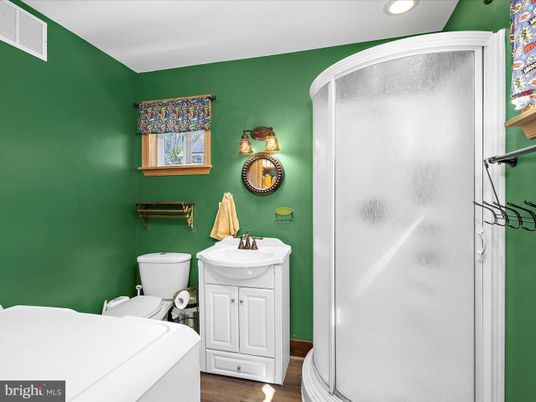 Bathroom, Interior, Recessed Lighting, Washer, Wood Texture Flooring