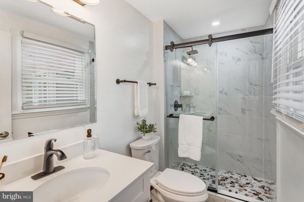 Bathroom, Glass Shower, Interior, Marble Walls, Recessed Lighting