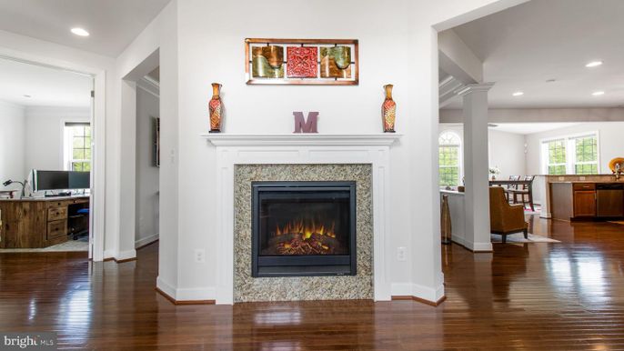 Fireplace, Interior, Recessed Lighting, Wood Texture Flooring