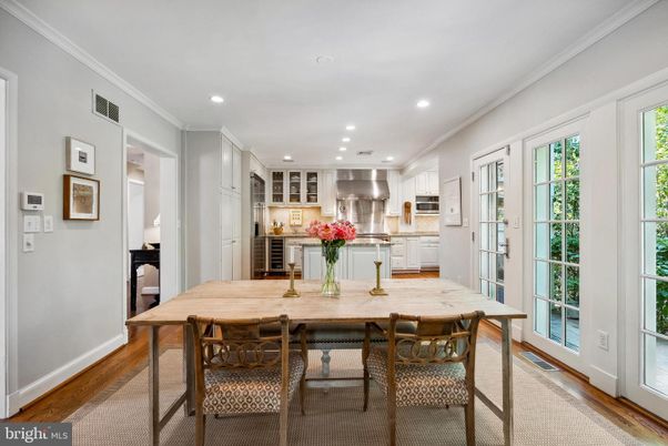 Dining room, Interior, Kitchen, Recessed Lighting, Stainless Steel Appliances, Wood Texture Flooring