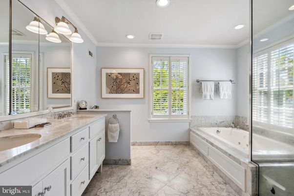 Bathroom, Dual Sink Vanities, Interior, Marble, Recessed Lighting