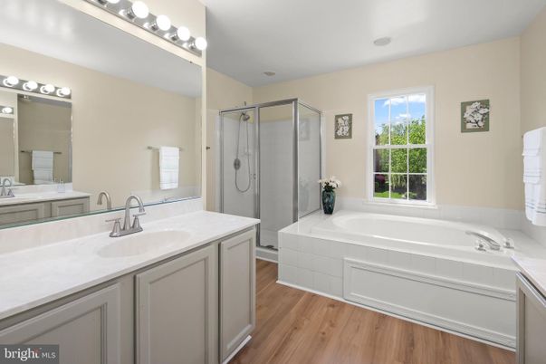 Bathroom, Dual Sink Vanities, Glass Shower, Interior, Wood Texture Flooring
