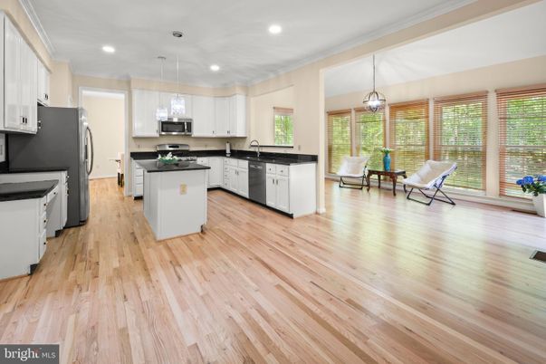 Interior, Kitchen, Pendant Lights, Recessed Lighting, Wood Texture Flooring