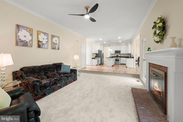 Fireplace, Interior, Kitchen, Living room, Recessed Lighting, Stainless Steel Appliances
