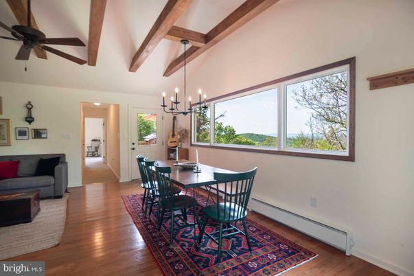 Chandelier, Dining room, Interior, Pendant Lights, Wooden Beams, Wood Texture Flooring