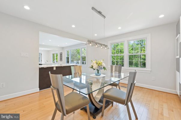 Dining room, Interior, Pendant Lights, Recessed Lighting, Wood Texture Flooring