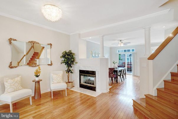 Chandelier, Dining room, Fireplace, Interior, Recessed Lighting, Wood Texture Flooring