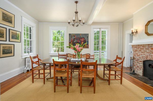Chandelier, Dining room, Fireplace, Interior, Stone Walls, Wood Texture Flooring
