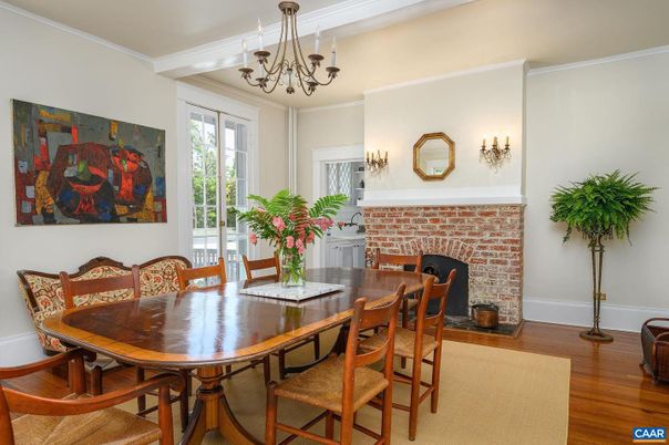 Chandelier, Dining room, Fireplace, Interior, Wood Texture Flooring