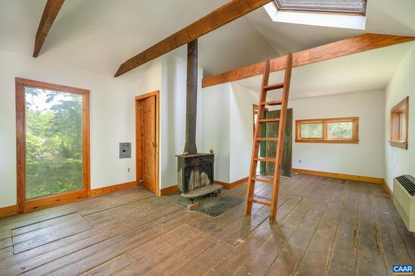 Empty room, Fireplace, Interior, Wooden Beams, Wood Texture Flooring