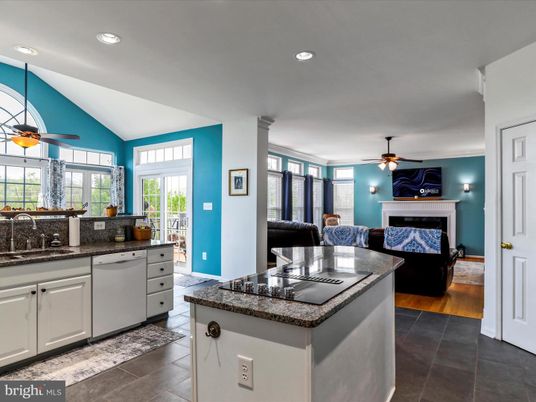 Fireplace, Interior, Kitchen, Living room, Recessed Lighting, Wood Texture Flooring