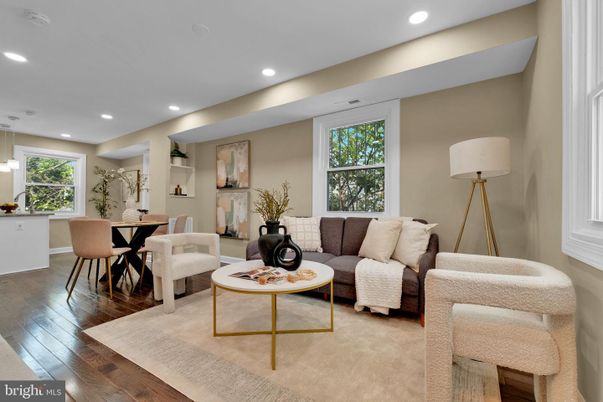 Dining room, Fireplace, Interior, Living room, Pendant Lights, Recessed Lighting, Wood Texture Flooring