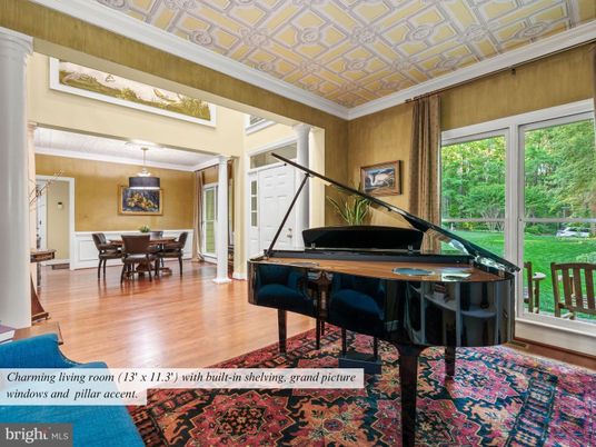 Dining room, Interior, Pendant Lights, Piano, Wood Texture Flooring