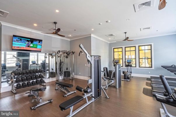 Fitness Equipment, Gym, Interior, Recessed Lighting, Wood Texture Flooring