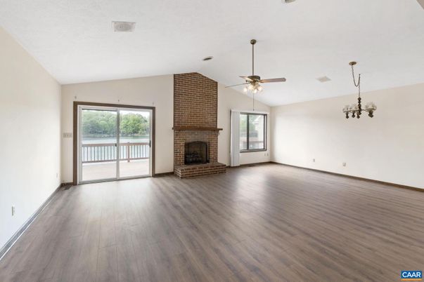 Empty room, Fireplace, Interior, Stone Walls, Wood Texture Flooring