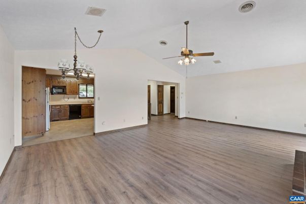 Chandelier, Empty room, Interior, Kitchen, Wood Texture Flooring