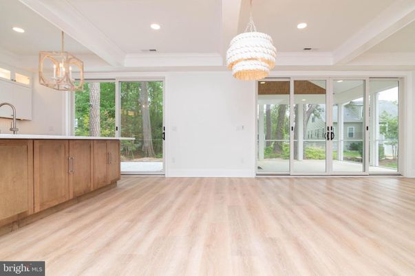 Chandelier, Empty room, Interior, Recessed Lighting, Wood Texture Flooring
