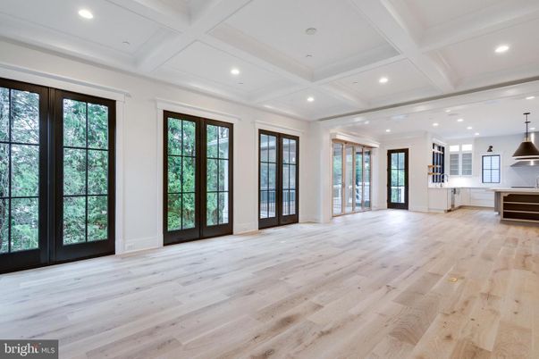 Empty room, Interior, Kitchen, Pendant Lights, Recessed Lighting, Wood Texture Flooring