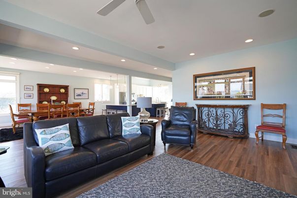 Dining room, Interior, Living room, Recessed Lighting, Wood Texture Flooring