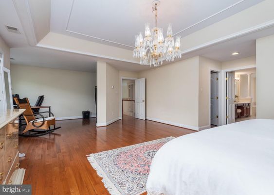Bedroom, Chandelier, Interior, Recessed Lighting, Wood Texture Flooring