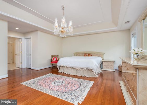 Bedroom, Chandelier, Interior, Recessed Lighting, Wood Texture Flooring