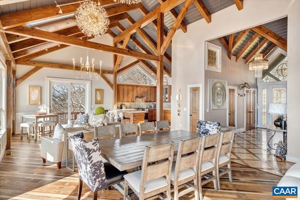 Chandelier, Dining room, Interior, Kitchen, Living room, Pendant Lights, Wooden Beams, Wood Texture Flooring