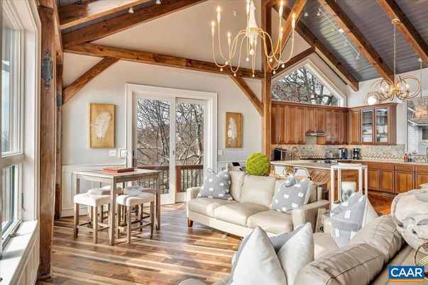 Chandelier, Dining room, Interior, Kitchen, Living room, Wooden Beams, Wood Texture Flooring