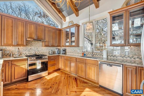 Interior, Kitchen, Pendant Lights, Stainless Steel Appliances, Wooden Beams, Wood Texture Flooring