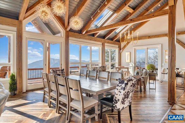 Chandelier, Dining room, Interior, Wooden Beams, Wooden Ceilings, Wood Texture Flooring