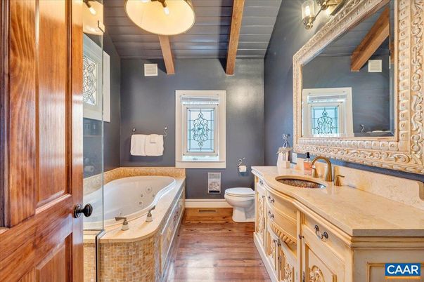 Bathroom, Dual Sink Vanities, Interior, Wooden Beams, Wooden Ceilings, Wood Texture Flooring