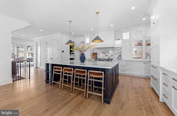 Interior, Kitchen, Marble Walls, Pendant Lights, Recessed Lighting, Wood Texture Flooring