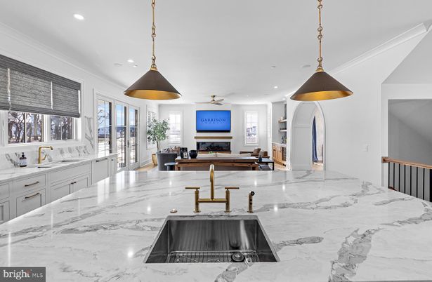 Fireplace, Interior, Kitchen, Living room, Marble, Pendant Lights, Recessed Lighting