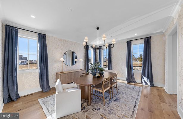 Chandelier, Dining room, Interior, Recessed Lighting, Stone Walls, Wood Texture Flooring